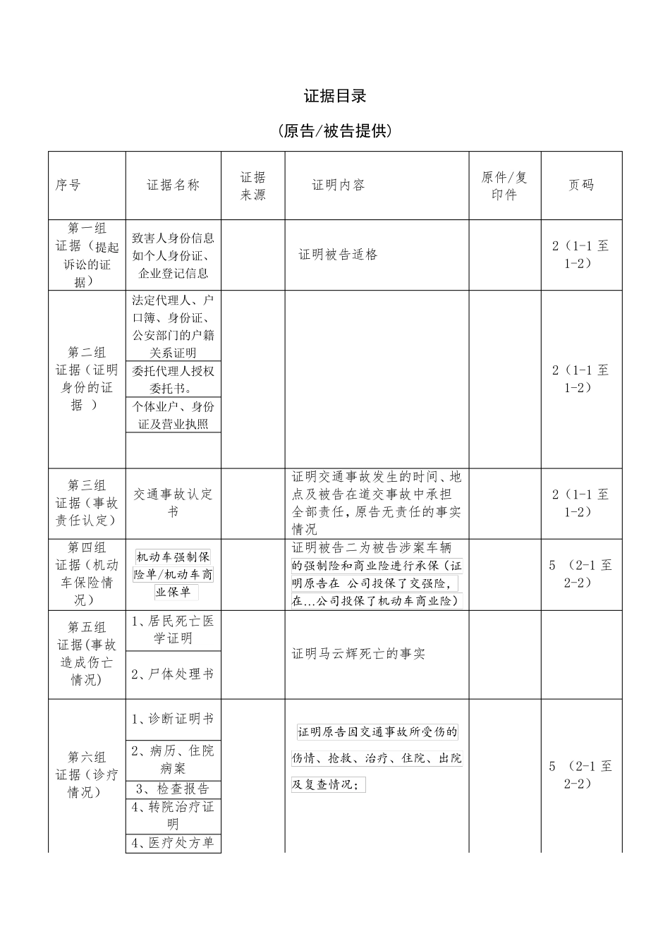 交通事故纠纷证据目录2018513_第1页