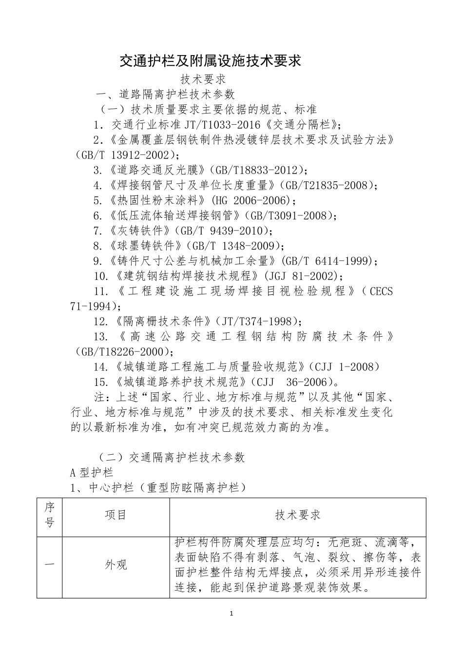 交通护栏及附属设施技术要求技术要求道路隔离护栏技术参数一_第1页