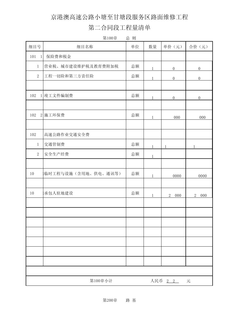 京港澳高速公路小塘至甘塘段服务区路面维修工程第二合同段工程(成本测算表)_第1页