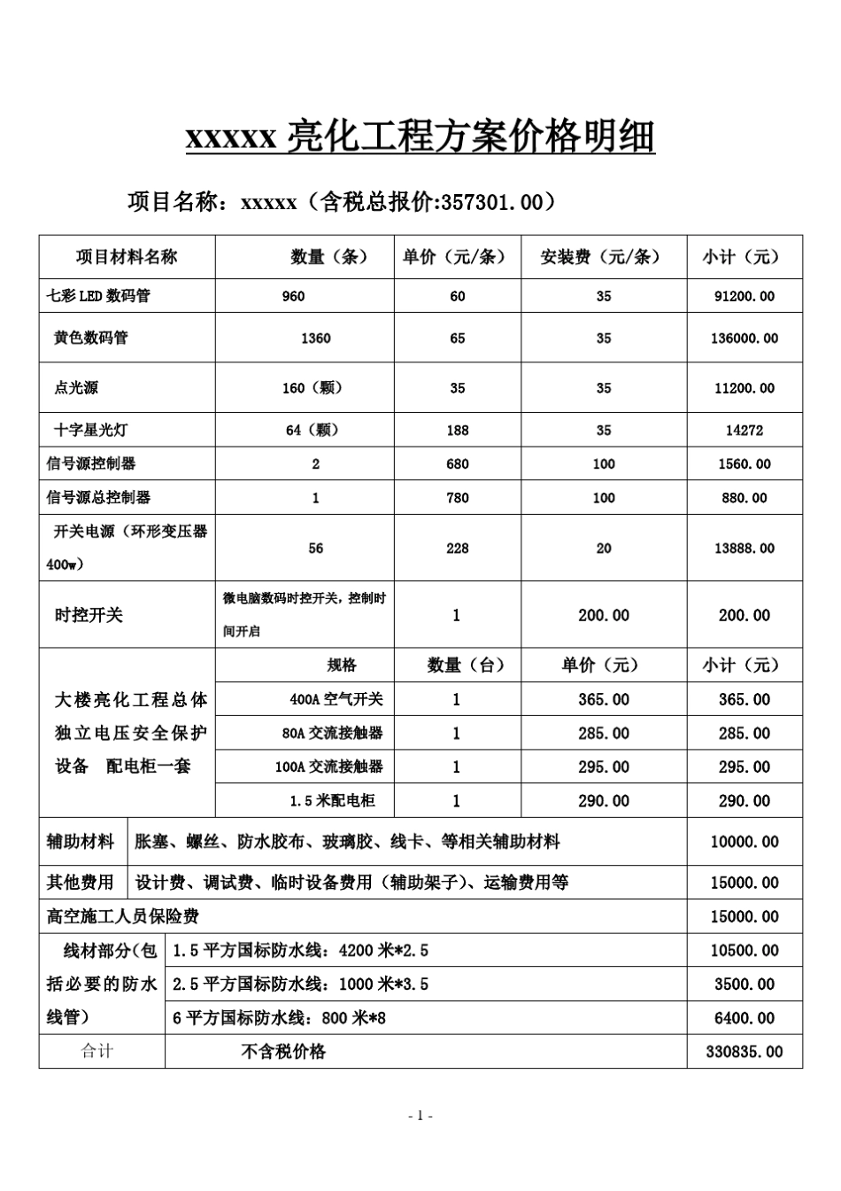 亮化工程方案价格明细_第1页