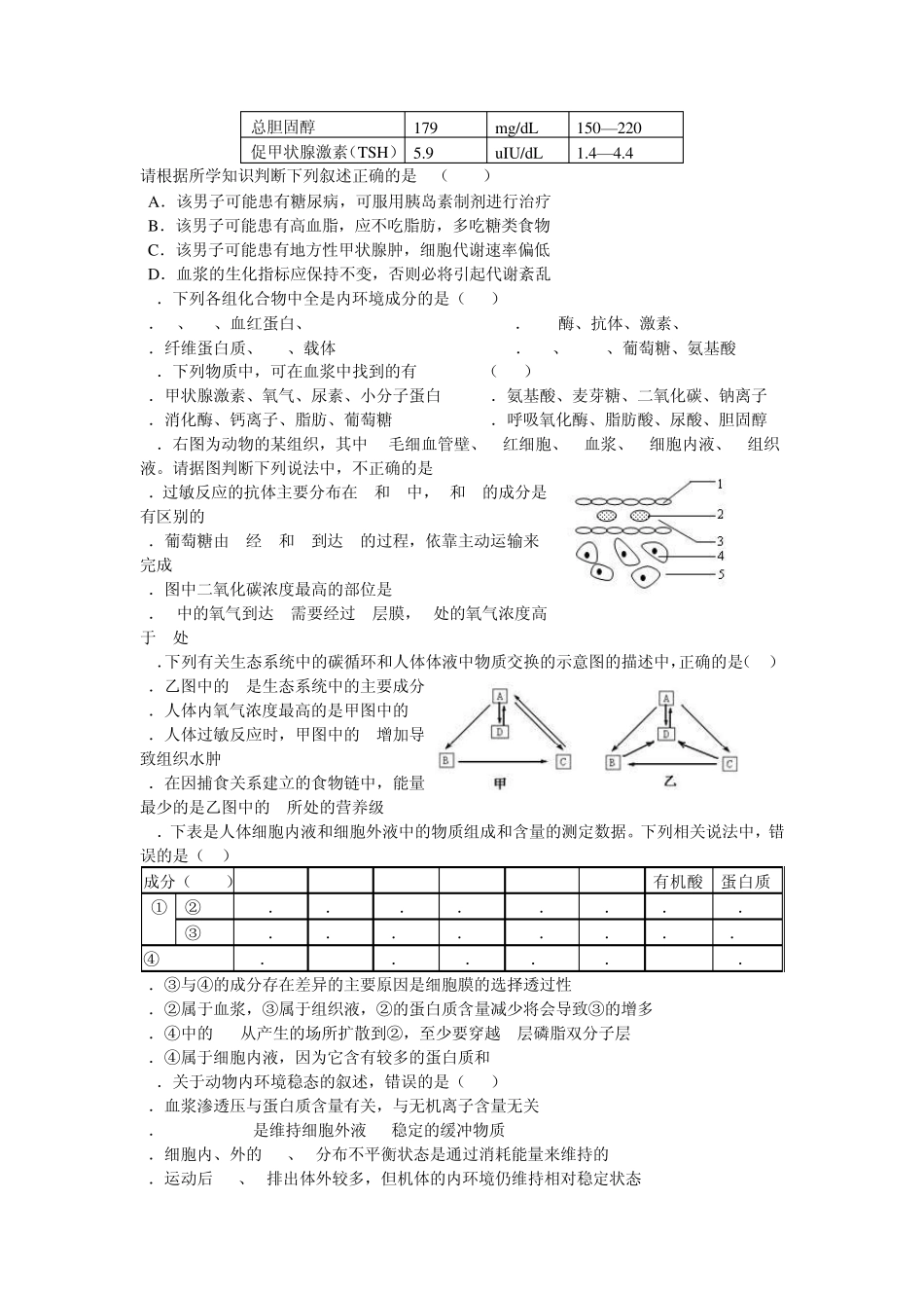 人体的内环境与稳态辅导用习题选择题_第3页