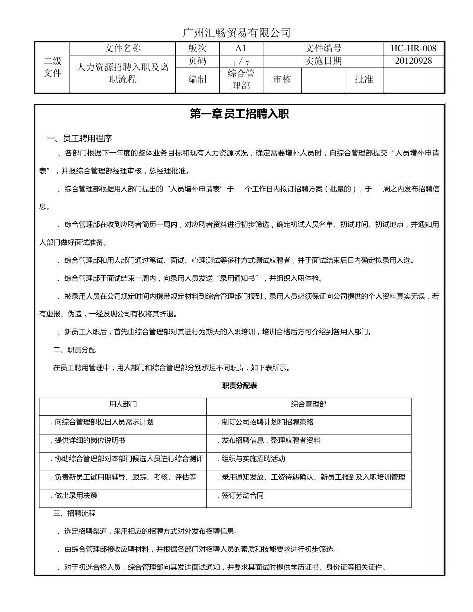 人力资源招聘入职及离职流程_第1页