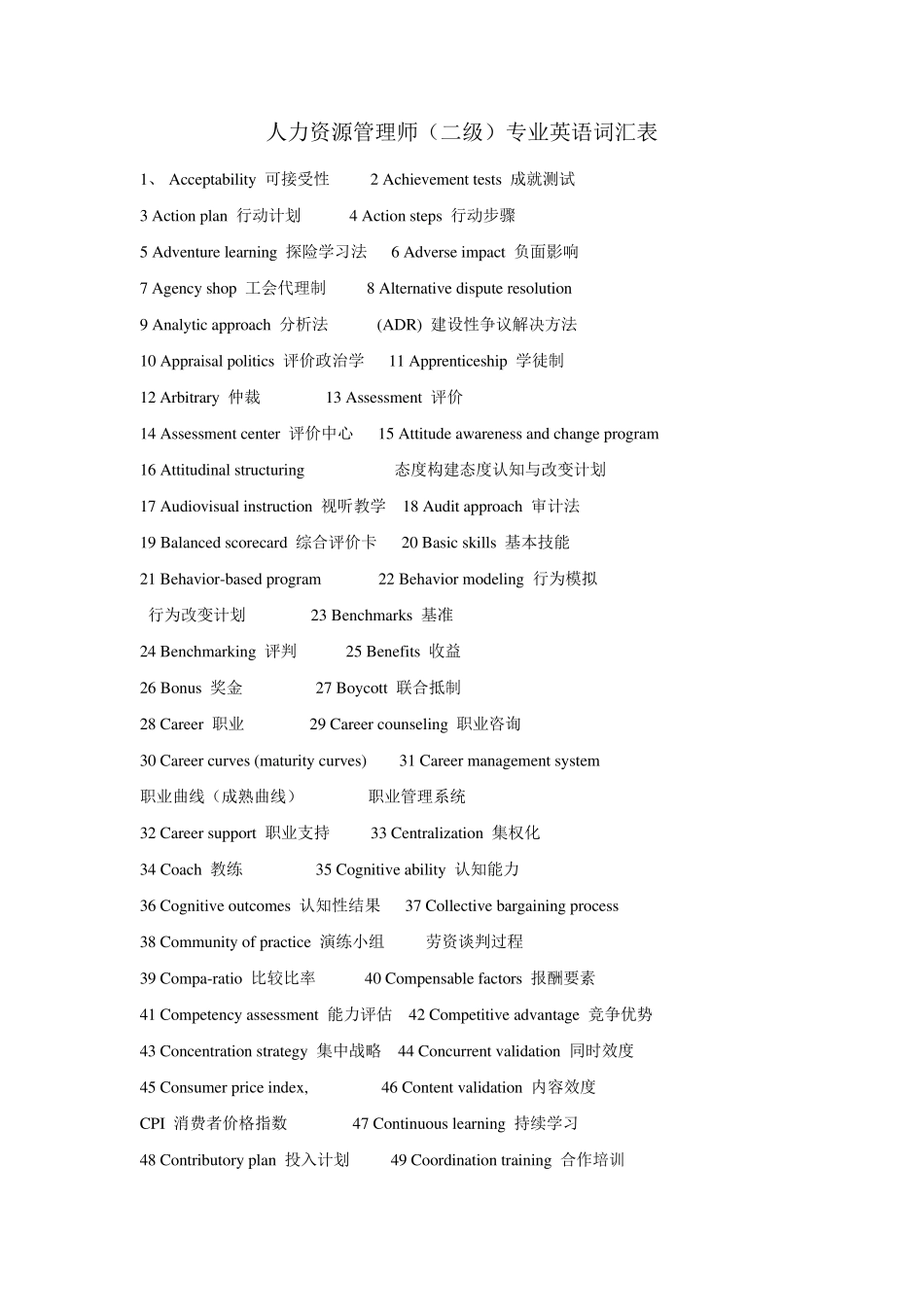 人力资源管理师(二级)专业英语词汇表_第1页