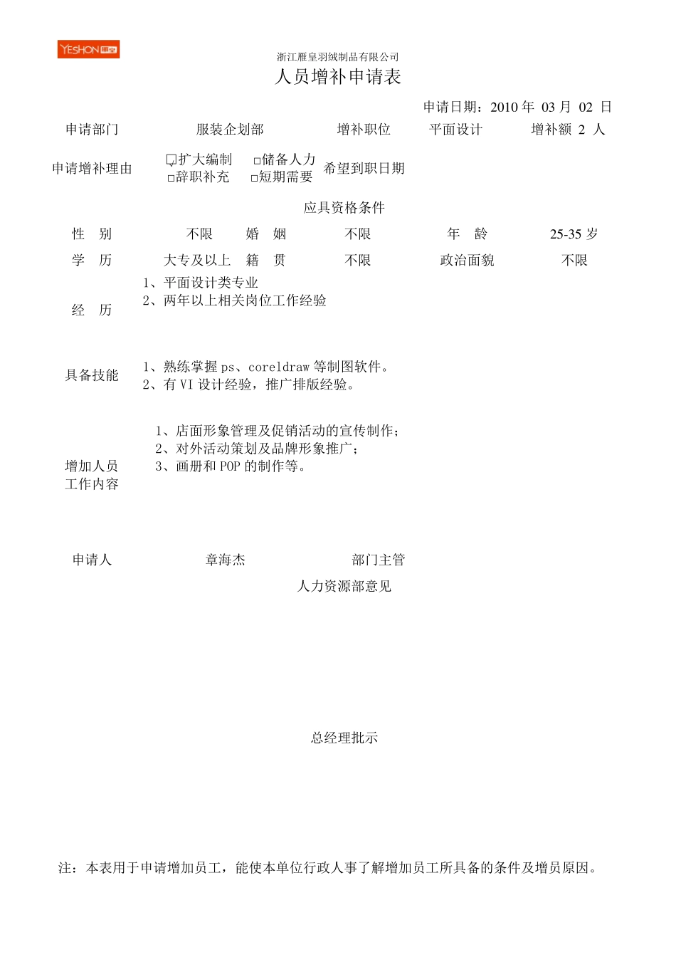 人员增补申请表(已填)_第2页