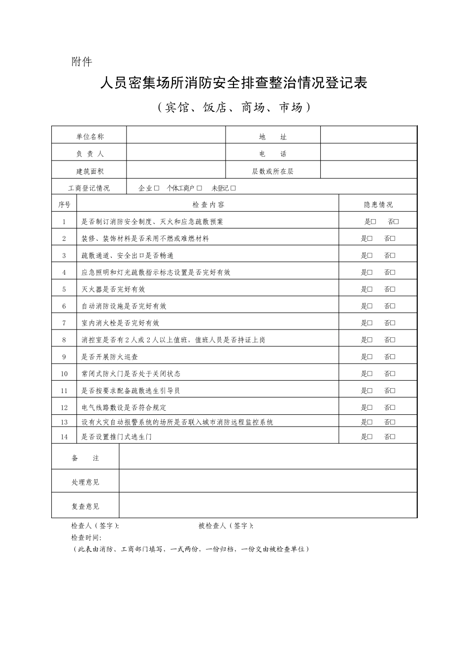 人员密集场所消防安全排查整治情况登记表_第1页