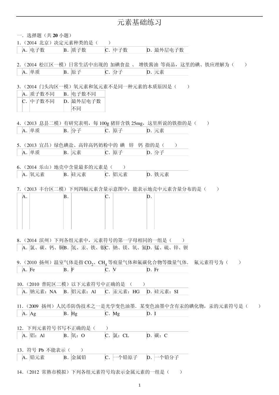 人教九年级化学上元素同步练习_第1页