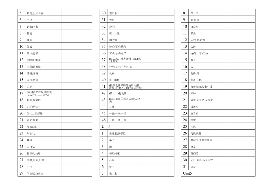 人教新版七年级上册英语单词默写表(直接打印)_第3页