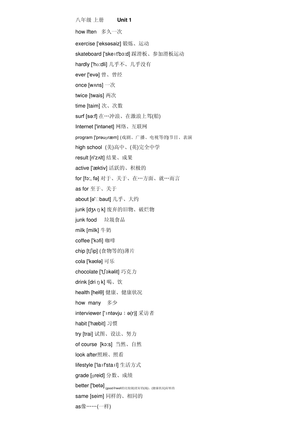 人教新目标八年级上册英语单词(部分带音标汉语可编辑)_第1页