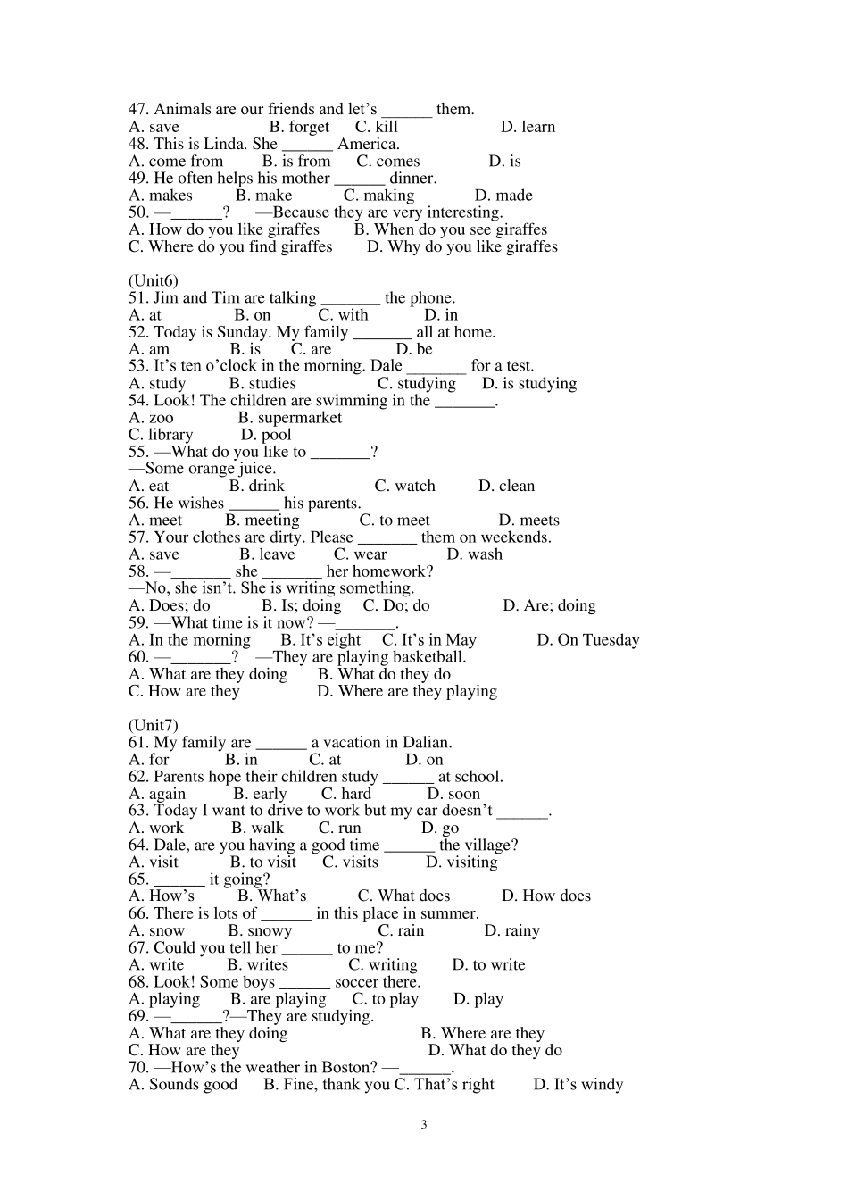 人教新目标版初中英语七年级下册单项选择专项练习_第3页