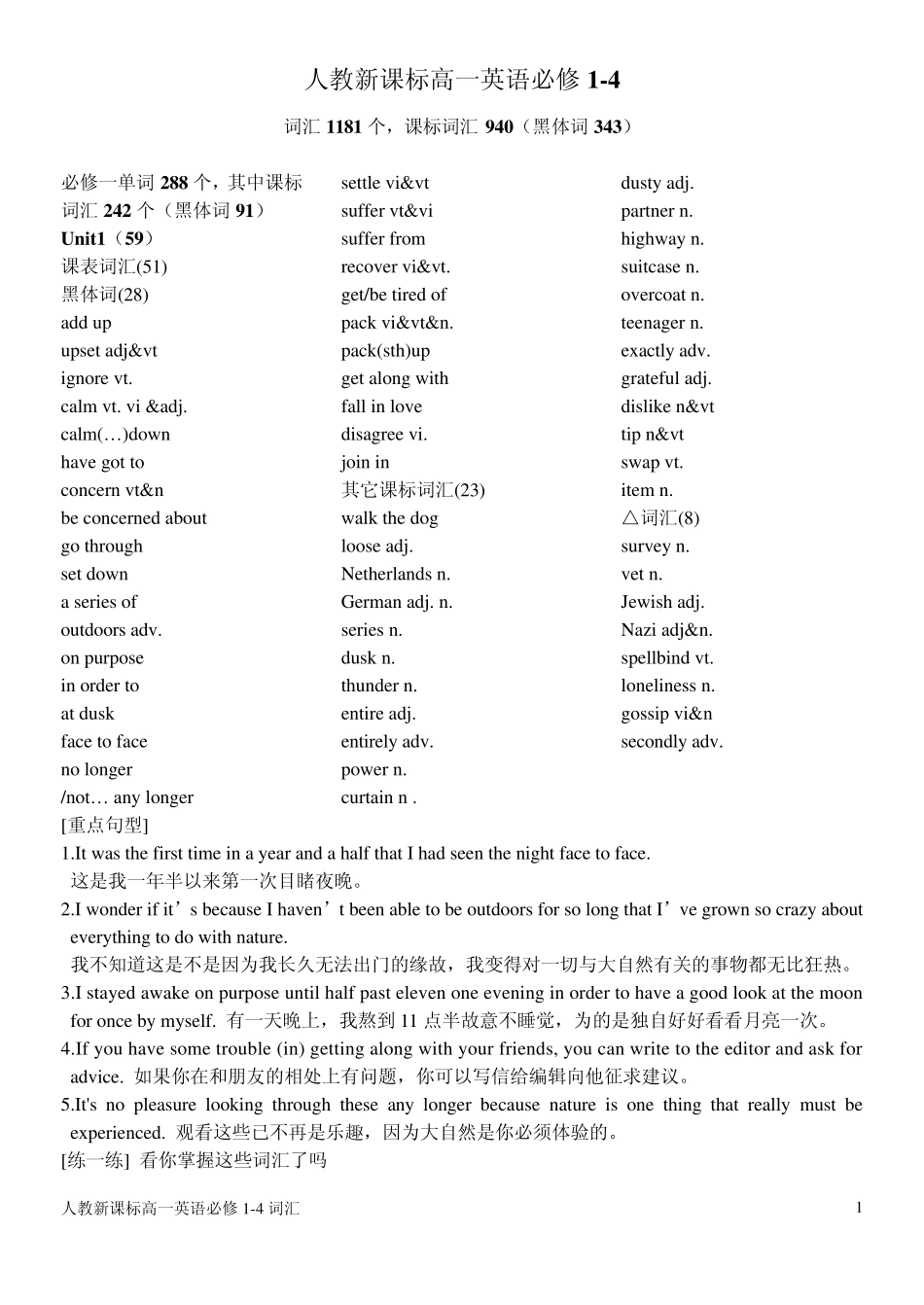 人教新课标高一英语必修14单词和单元练习整理_第1页