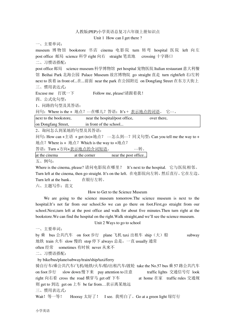 人教版(PEP)小学英语六年级上册知识点归纳_第1页