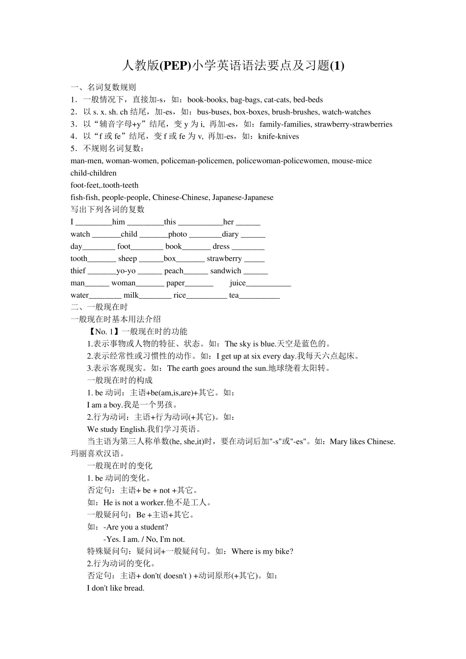 人教版(PEP)小学英语语法要点及习题_第1页