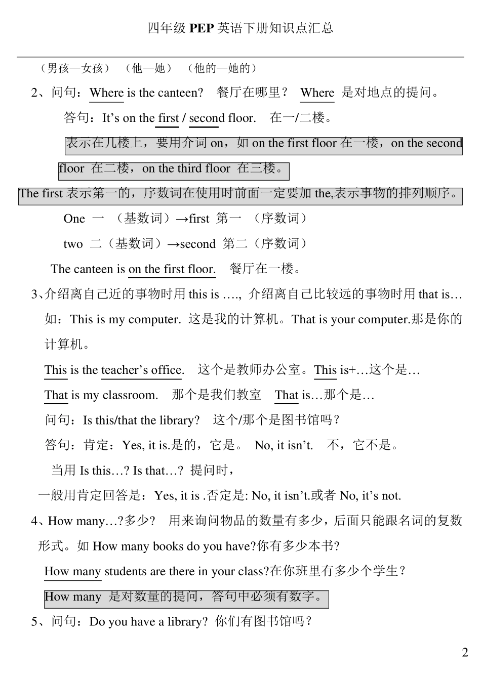 人教版PEP四年级英语下册知识点归纳总结_第2页