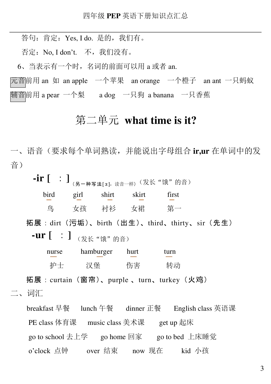 人教版PEP四年级英语下册知识点归纳总结_第3页