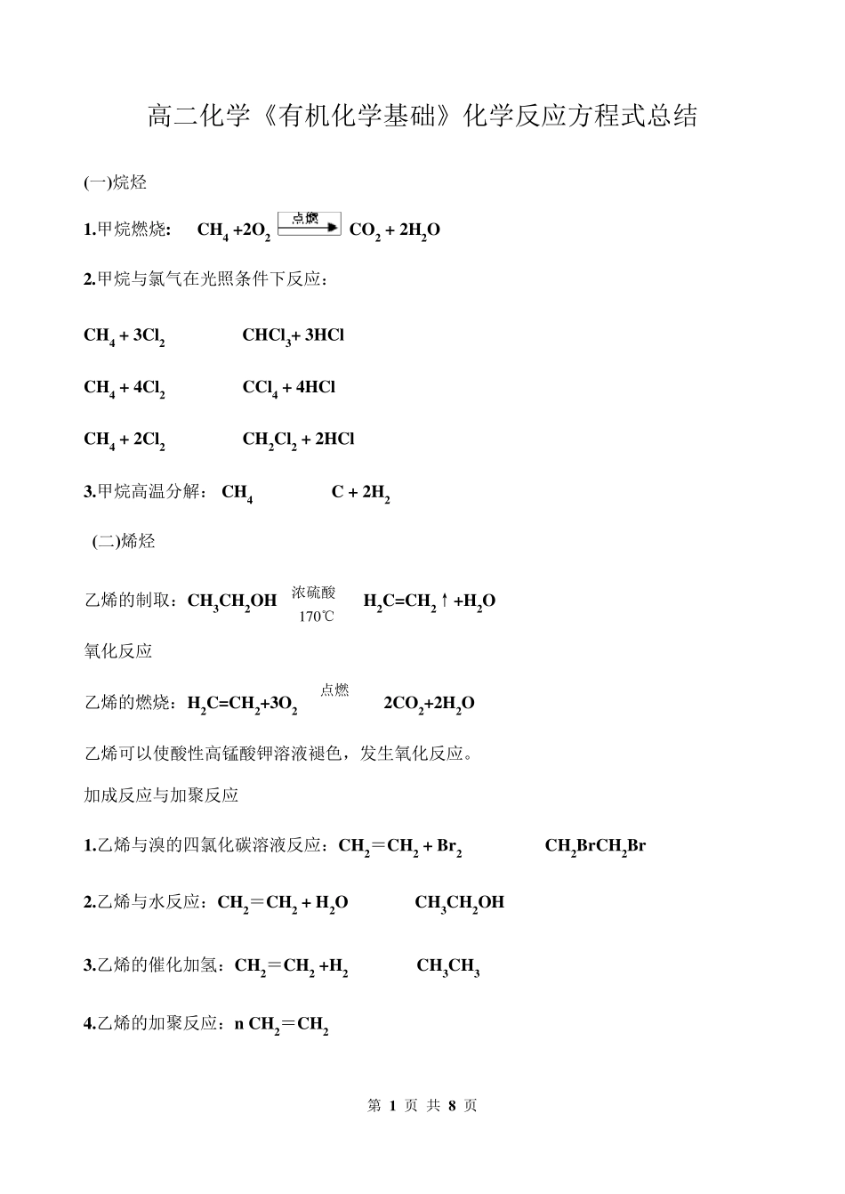 人教版《有机化学基础》方程式总结_第1页