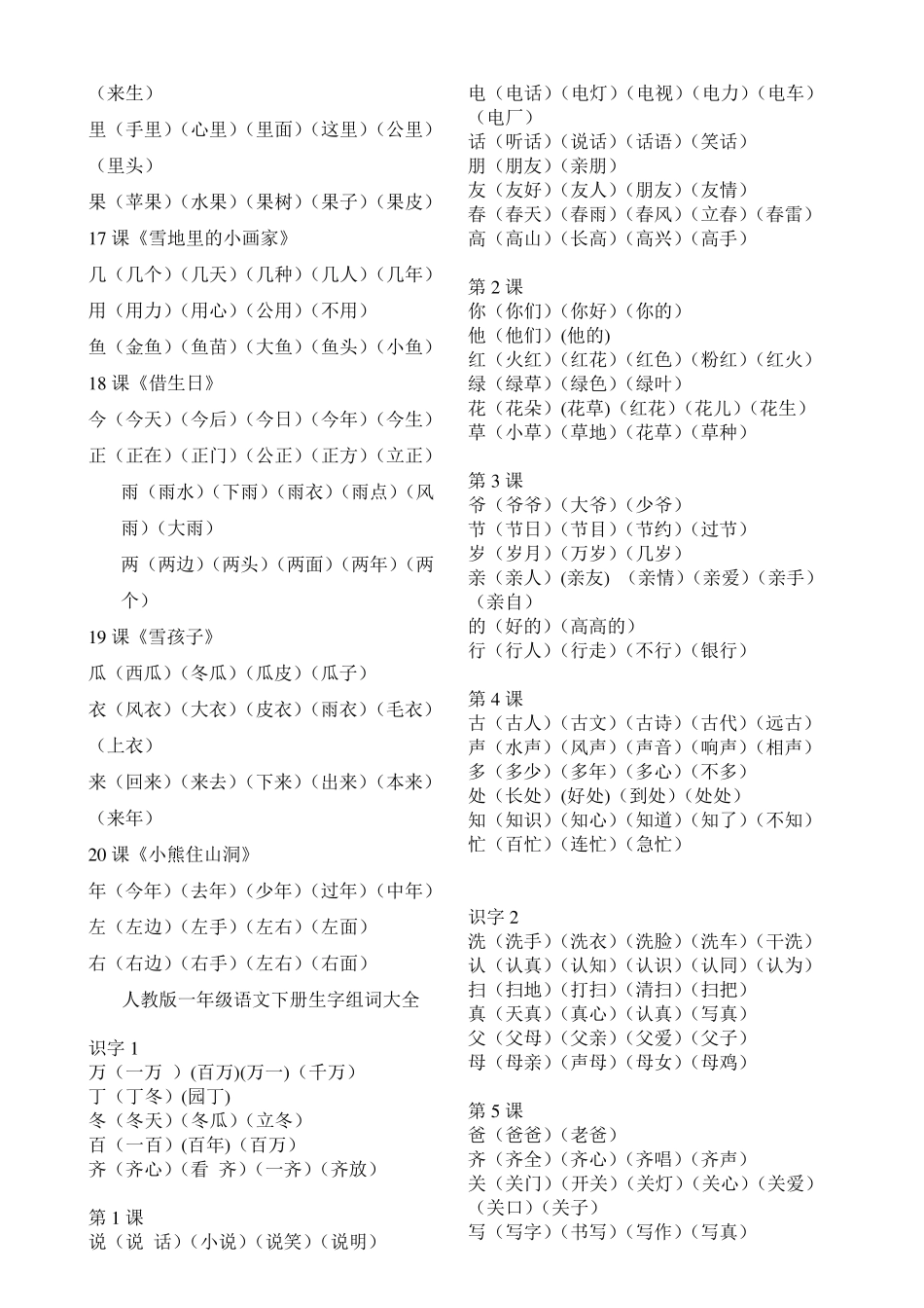 人教版一年级上下册生字组词大全_第3页