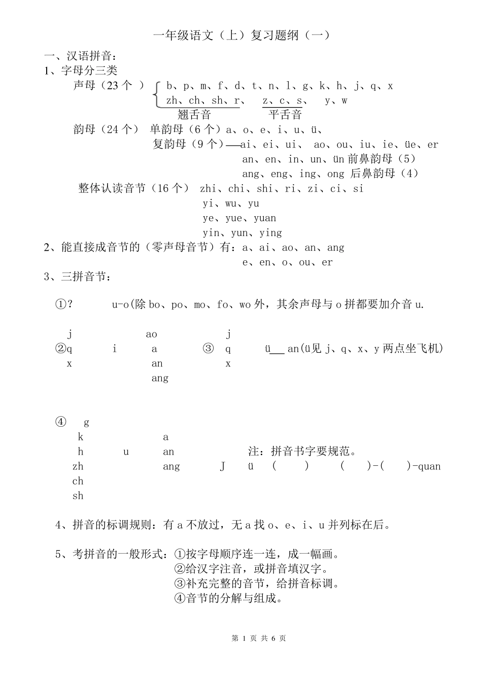 人教版一年级上册语文复习提纲_第1页