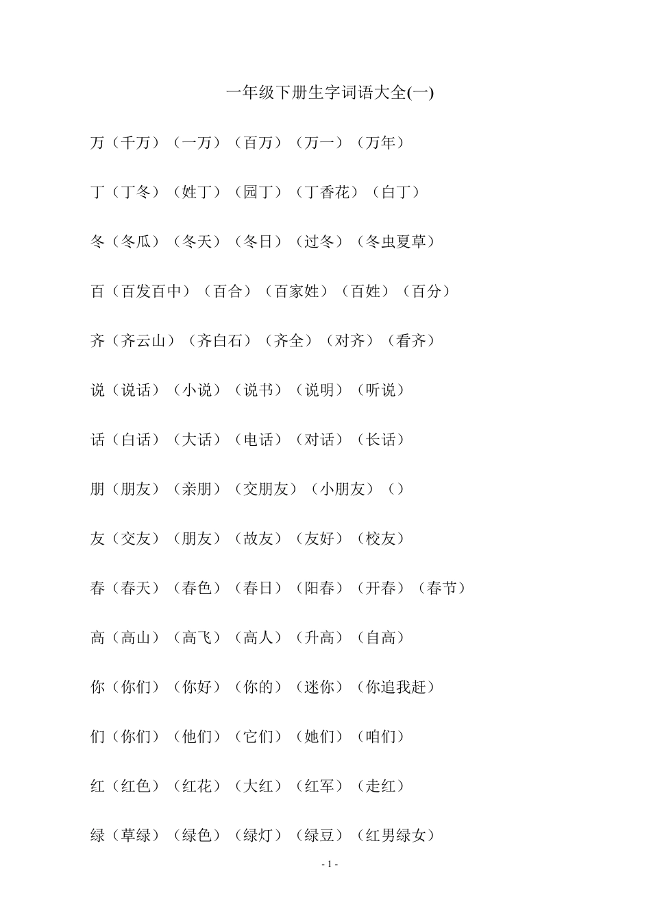 人教版一年级下册生字词语大全_第1页
