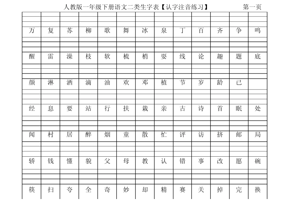 人教版一年级下册语文二类生字表_第1页