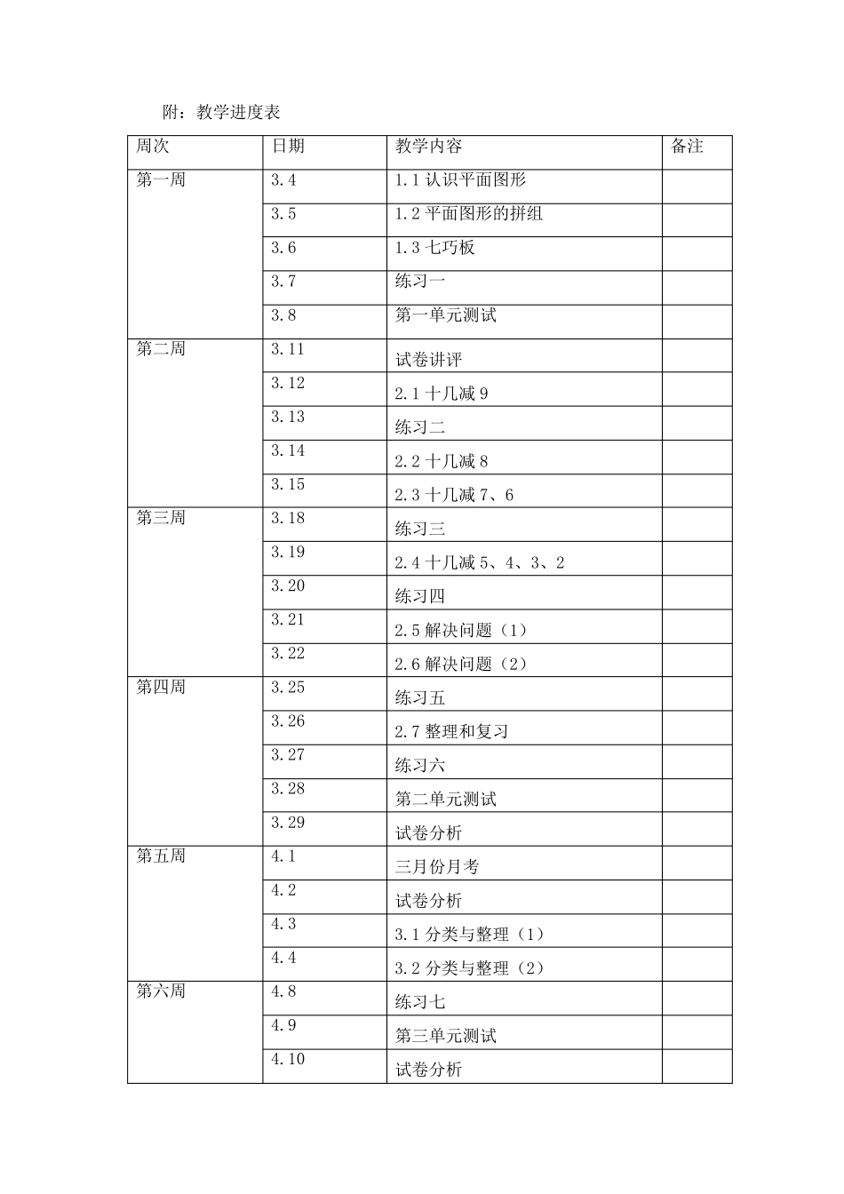 人教版一年级数学下册教学计划及进度表_第3页