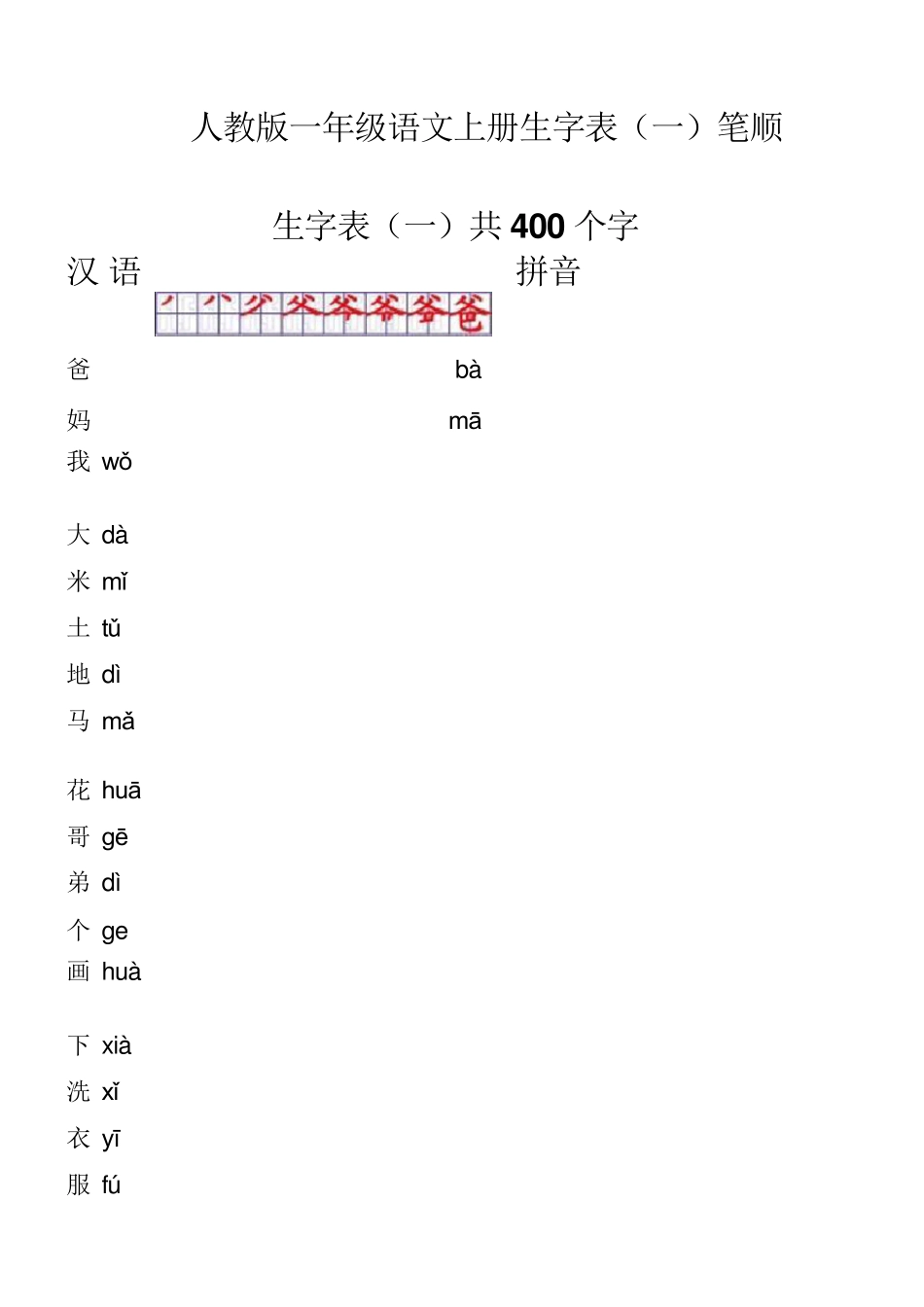 人教版一年级语文上册生字表笔顺_第1页