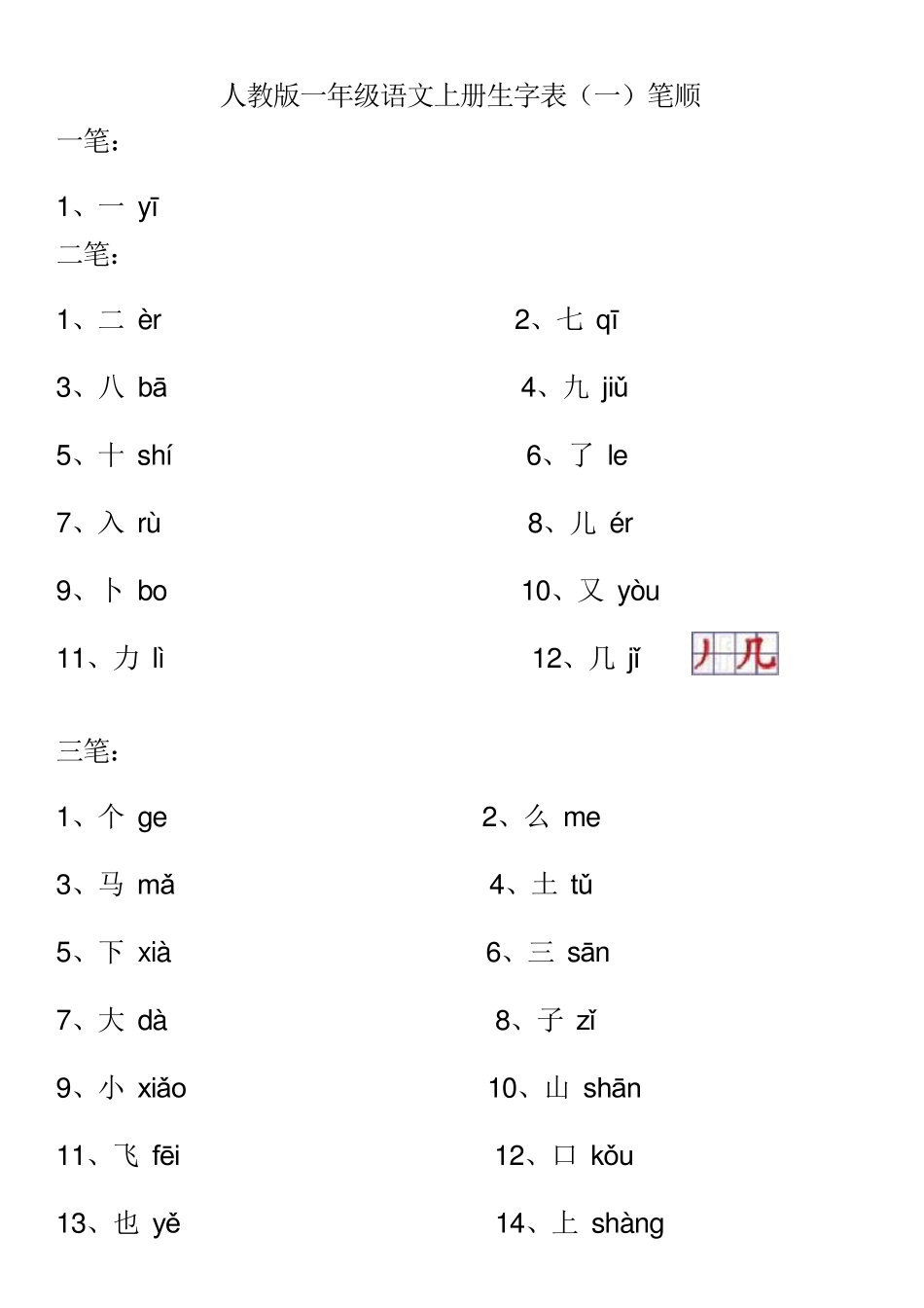 人教版一年级语文上册生字表笔顺按笔画排序_第1页