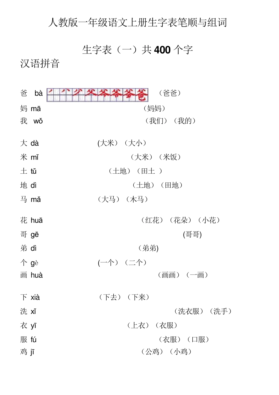 人教版一年级语文上册生字表笔顺表及组词(Word)格式11_第1页