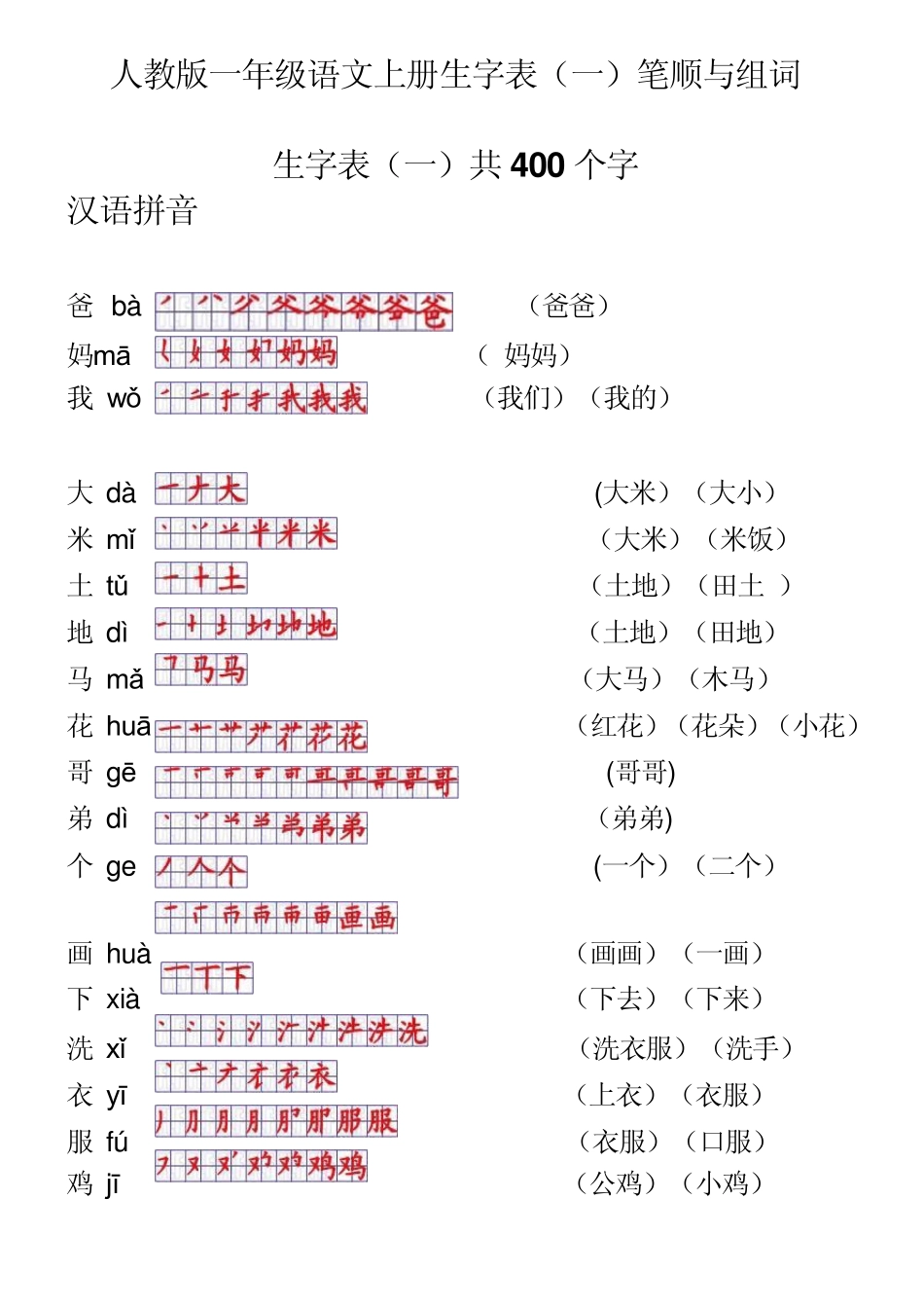 人教版一年级语文上册生字表笔顺表及组词(Word)格式_第1页