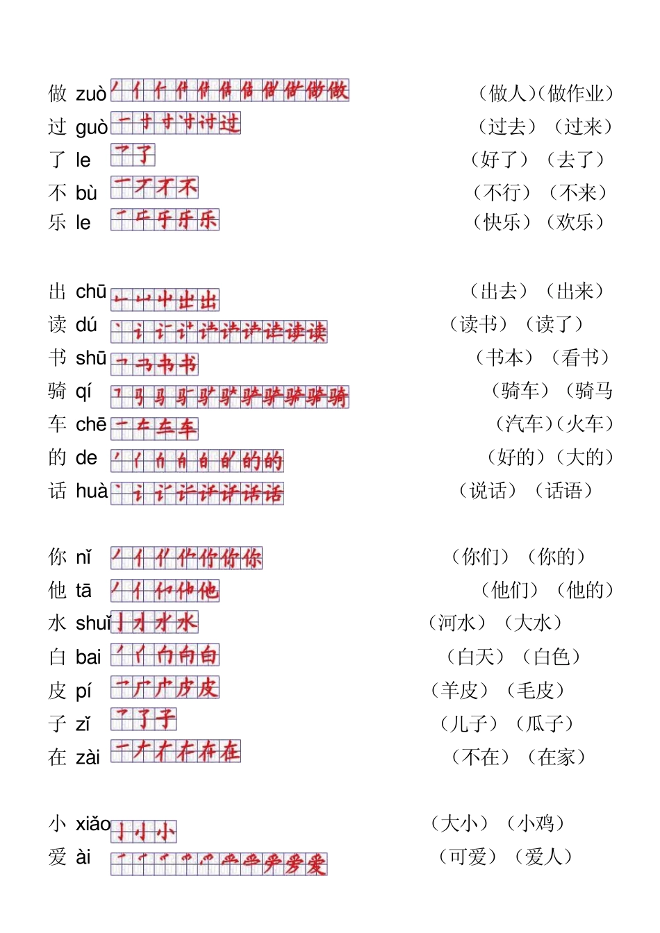 人教版一年级语文上册生字表笔顺表及组词(Word)格式_第2页