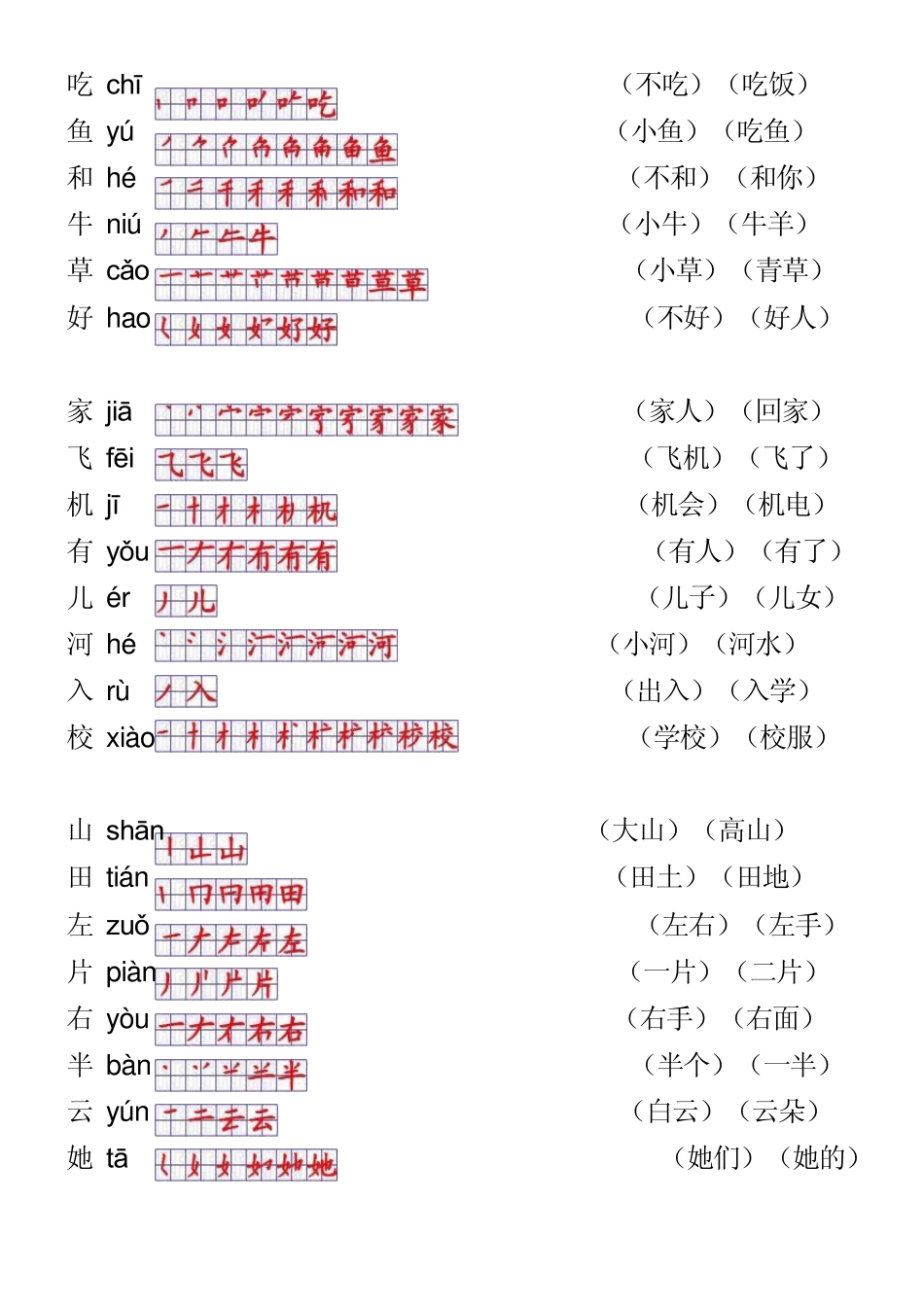 人教版一年级语文上册生字表笔顺表及组词(Word)格式_第3页