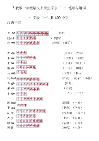 人教版一年级语文上册生字表笔顺表及组词(Word)格式