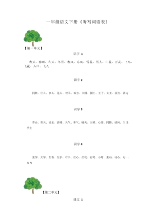 人教版一年级语文下册《听写词语表》