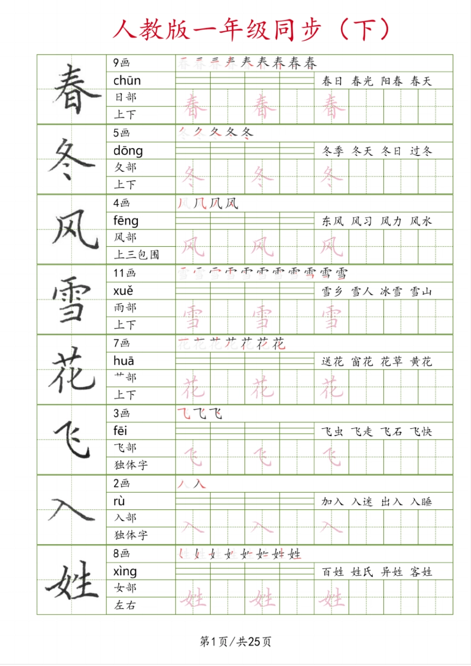 人教版一年级语文下册同步字帖(可打印)_第1页