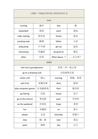 人教版一年级起点四年级上册英语单词汇总