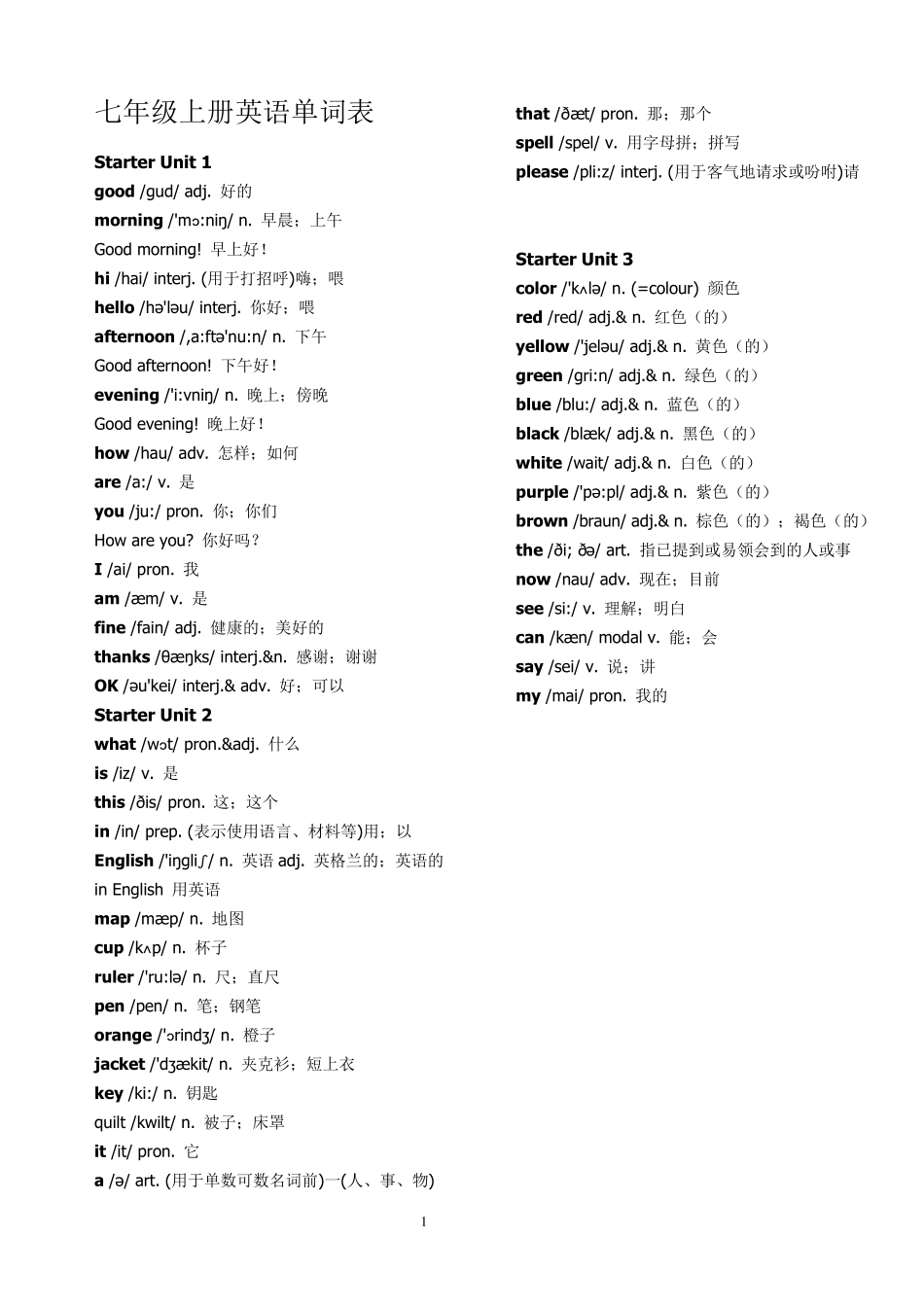 人教版七年级上下册英语单词表含音标_第1页