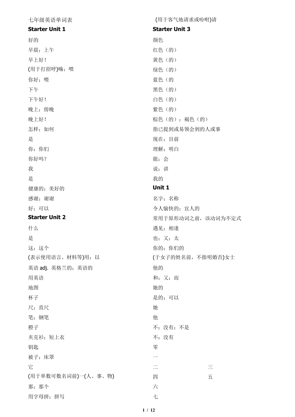 人教版七年级上下册英语默写用单词表汉语_第1页