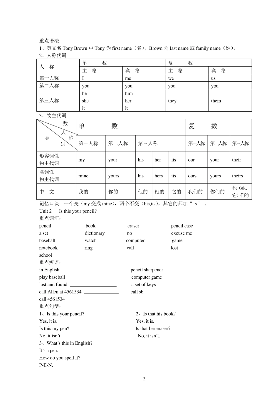 人教版七年级上册英语期末复习资料_第2页