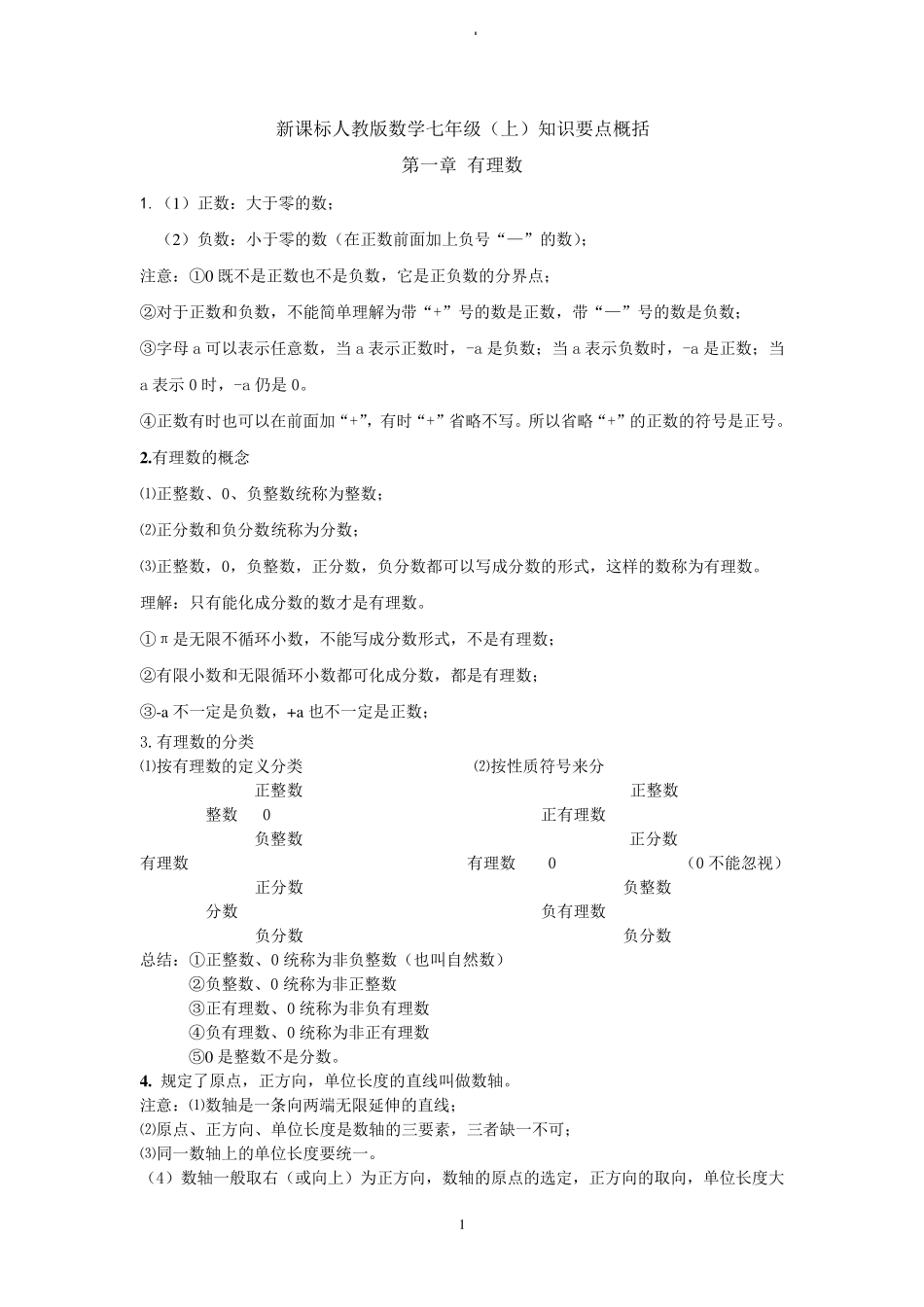 人教版七年级上第一章有理数知识点总结及易错题_第1页