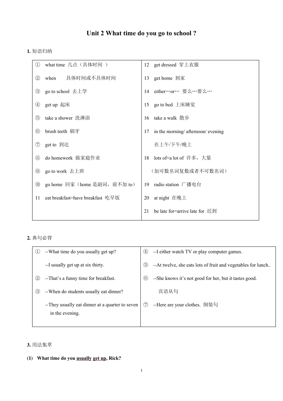 人教版七年级下册英语Unit2知识点语法归纳总结_第1页