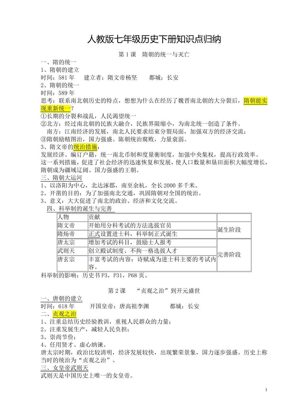 人教版七年级下历史知识点归纳总结(新教材)_第1页