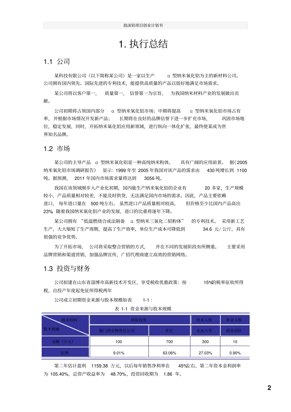 泡沫铝项目创业计划书_第2页