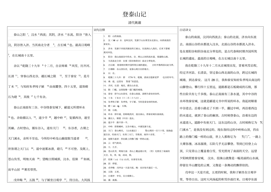 泰山四大注明散文登泰山记原文+注释+翻译_第1页