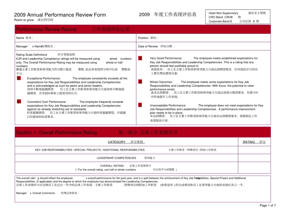 洲际酒店-年工作表现评价表_第1页