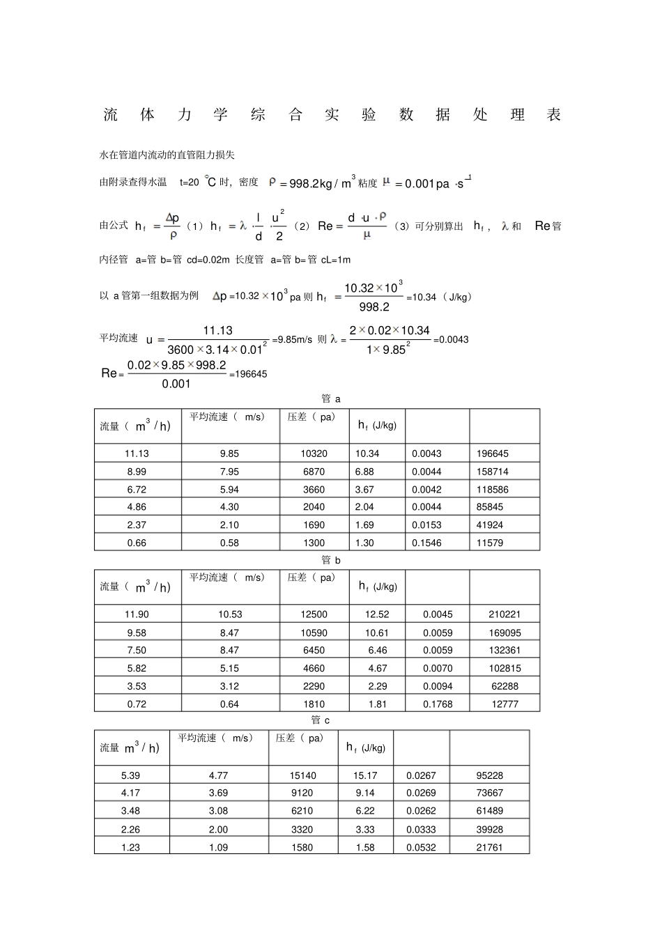 流体力学综合试验数据处理表_第1页