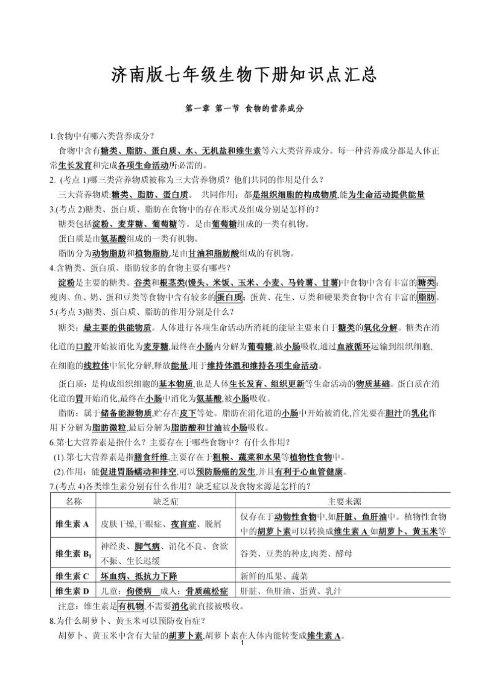 济南版七年级生物下册知识点汇总良心出品必属精品_第1页