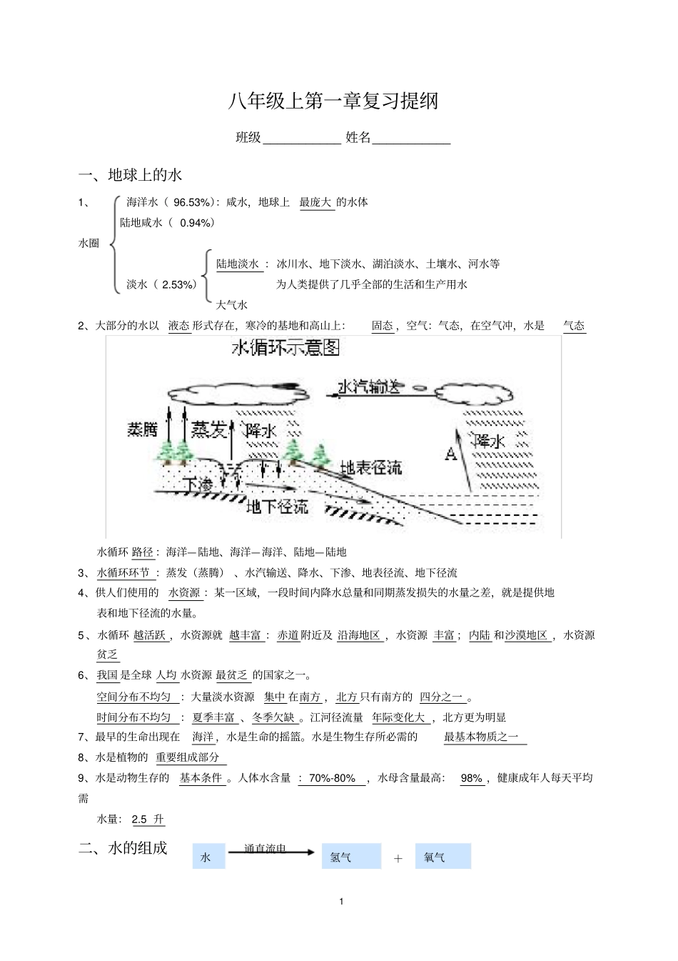 浙教版八年级上水和水的溶液复习提纲_第1页