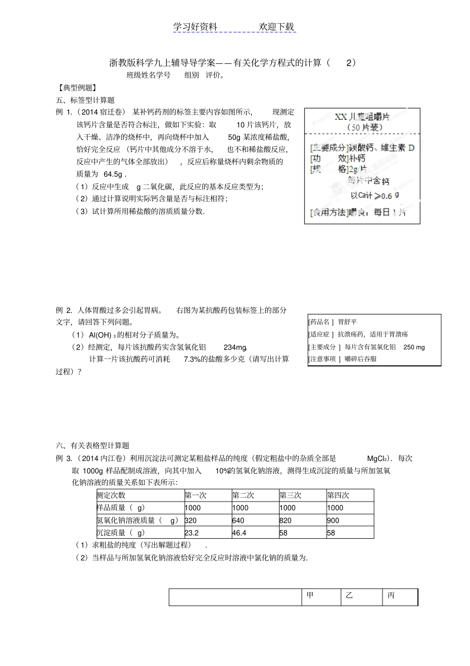 浙教版科学九上专题复习导学案化学方程式计算_第1页