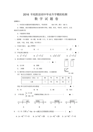 浙江丽水松阳2016届中考第二次模拟考试数学试卷含答案资料