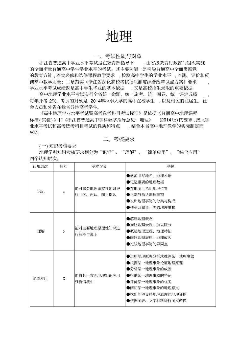 浙江学考选考2017浙江新高考学考考纲地理考试标准及题型示例_第1页