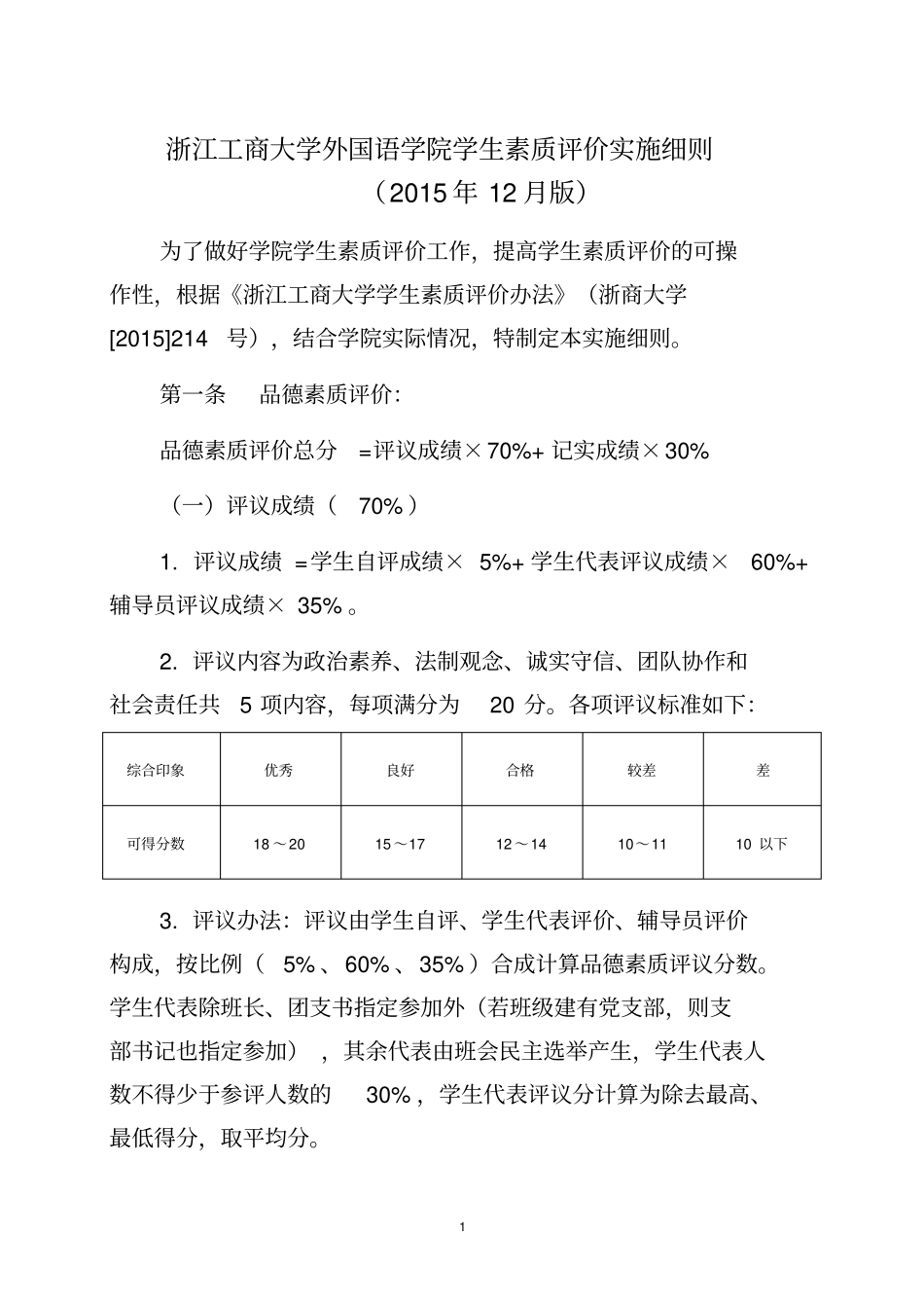 浙江工商大学工商管理学院学生综合测评实施条例草案_第1页